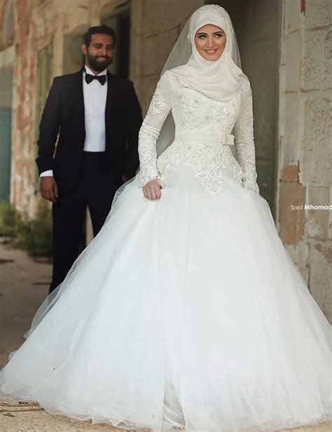 Buy Saudi Arabia Muslim High Neck Wedding Dresses Long Sleeves Applique Lace