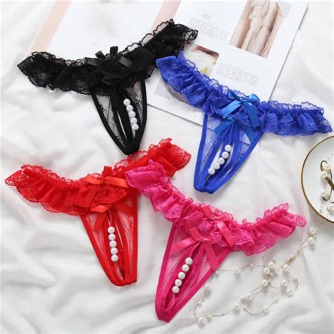 Women Sexy Lace Thongs Panties Open Crotch Crotchless Underwear Pearl G