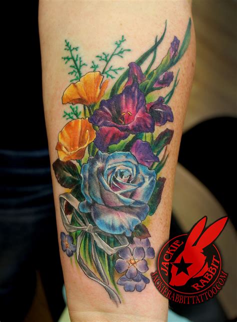 Color Realistic 3D Flower Rose Poppy Ribbon Tattoo by Jackie Rabbit
