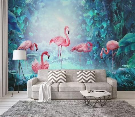 Southeast Asia Tropical Rainforest Plants And Big Flamingos Wallpaper