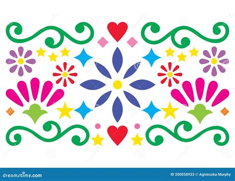 Mexican Folk Art Vector Pattern Vibrant Design With Flowers Greeting