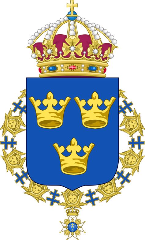 A crowned lion rampant on a red field holding a raised sword in an armoured hand replacing the animal's right front leg, and trampling a sabre with its hind legs; File:Lesser coat of arms of Sweden.svg - Wikipedia