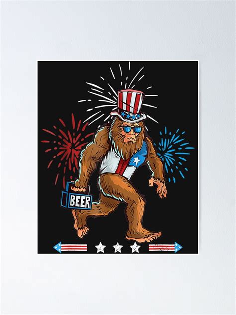 Bigfoot American Usa Flag Beer 4th Of July Funny Sasquatch Poster For