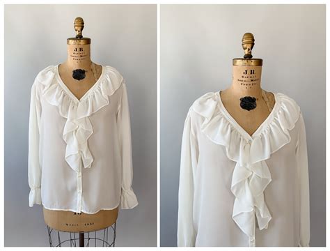 vintage 1990s sheer white ruffled collar poet sleeve spring blouse small s medium m large l