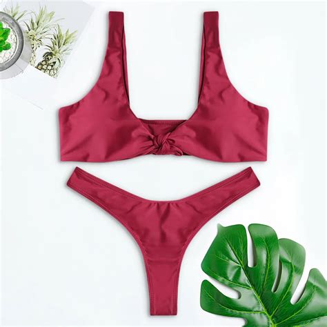 Langstar Bikini Knotted Padded Thong Bikini Set Women Swimwear Swimsuit