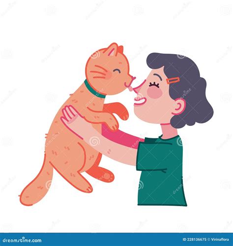 Girl Hugging Cat Young Person With Pet Embraces Portrait Vector