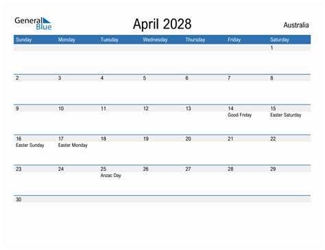 April 2028 Monthly Calendar With Australia Holidays