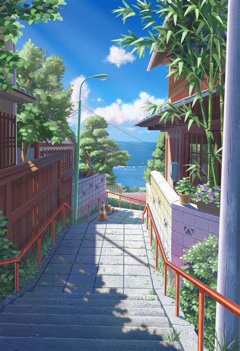 An Anime Scene With Stairs Leading Up To The Waters Edge And Trees On