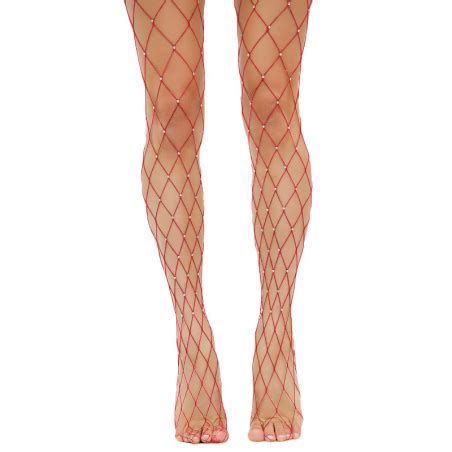 Red Crystal Embellished Fishnet Pantyhose