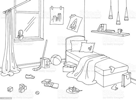 Mess Children Room Grafica Bianco Nero Interno Schizzo Illustrazione