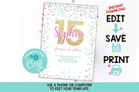 15th Birthday Invitation Editable Pink Gold Confetti Girl Teen Etsy