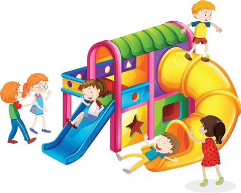 Children Playing On Slide At Playground Playhouse Path Child Vector