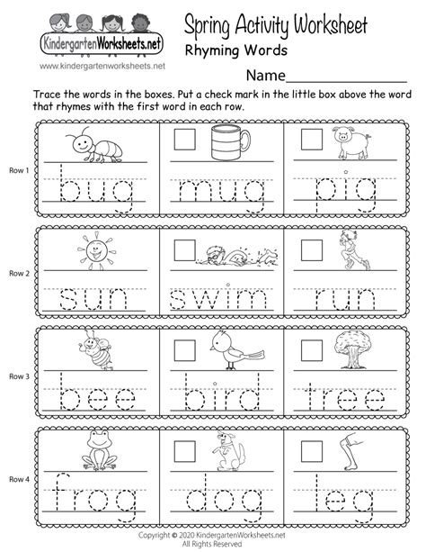 Free Printable Spring Rhyming Words Activity Worksheet