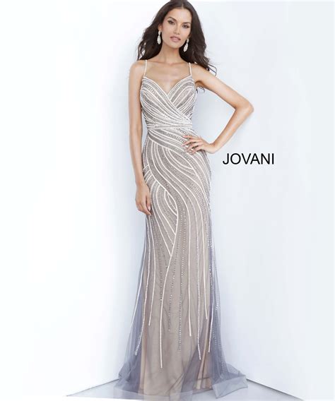 Jovani 02408 Grey Nude Embellished Spaghetti Prom Dress