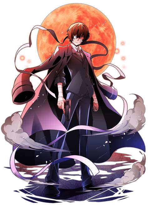 His bangs frame his face, while some are gathered at the center of his forehead. 0102 Dazai Osamu | Bungo Stray Dogs: Mayoi Inu Kaikitan ...