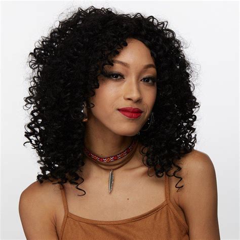 Black Medium Afro Curly Side Bang Synthetic Wig