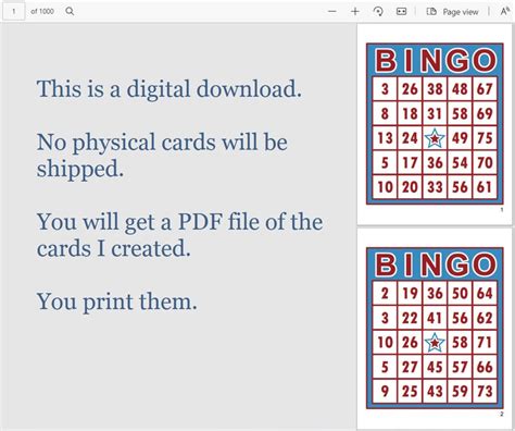 Bingo Cards 1000 Cards 1 Per Page Immediate Pdf Download Etsy