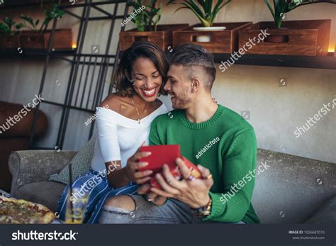 Happy Interracial Couple Sitting Cafe Bar Stock Photo Edit Now 1026687010