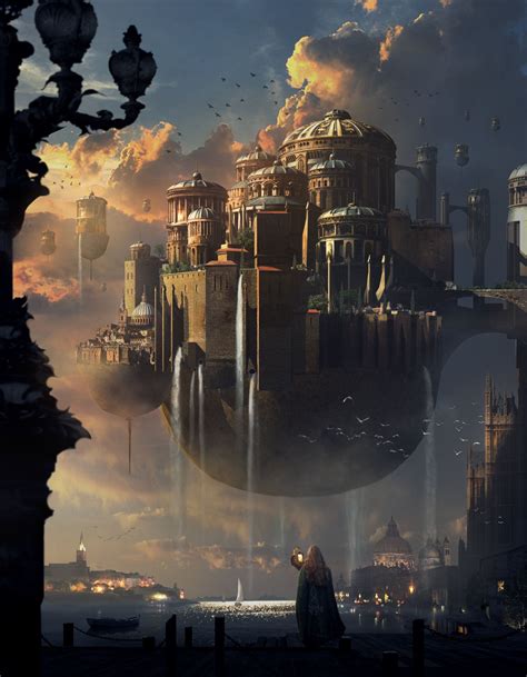 Floating City Sunset Castle By Mai Anh Tran Fantasy Concept Art Fantasy Castle Fantasy