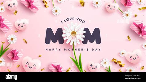 I Love MOM Mother S Day Poster Or Banner With Sweet Hearts Flower And