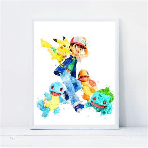 Prints Art And Collectibles Pokemon Watercolor Art Poster For Kids Room