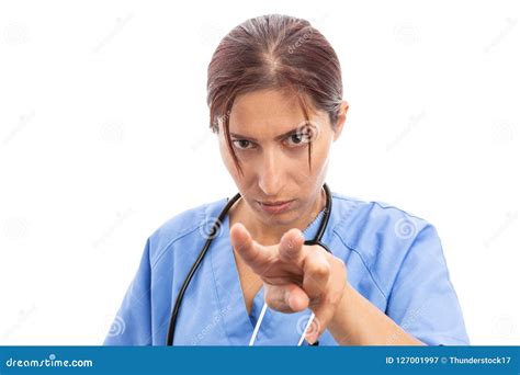 Upset Unhappy Female Nurse Or Doctor Making Watching You Gesture Stock