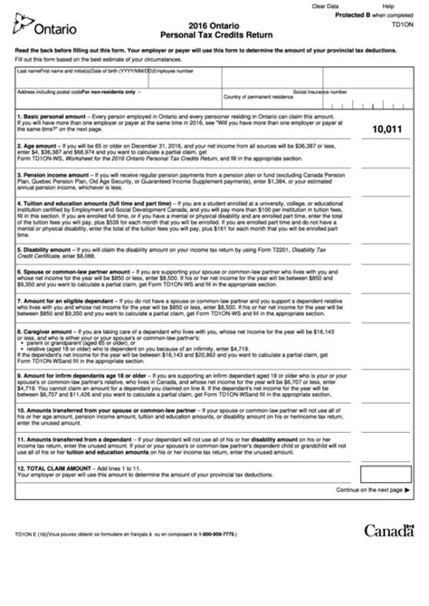 Fillable Form Td1on - Ontario Personal Tax Credits Return Form - 2016
