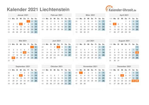 Hälfte mit kalenderwochen und feiertagen. Feiertage 2021 Liechtenstein - Kalender & Übersicht