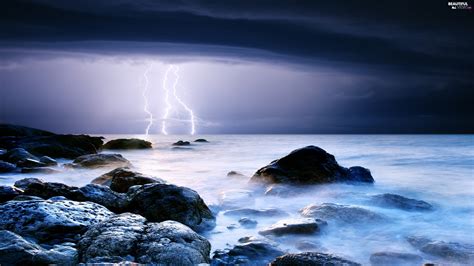 Night Lightning Stones Sea Storm Beautiful Views Wallpapers