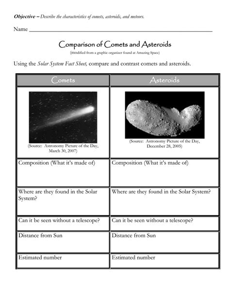 Comets Asteroids And Meteors Worksheet