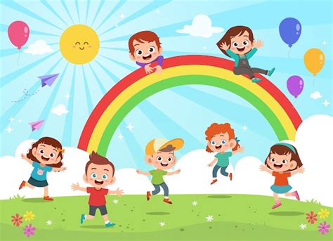 Niños Saltando Bajo Arco Iris Dibujos Animados Coloridos Vector Premium