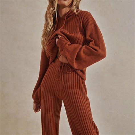 solid two piece sets women hooded sweater long wide leg trousers ladies knitted suits streetwear