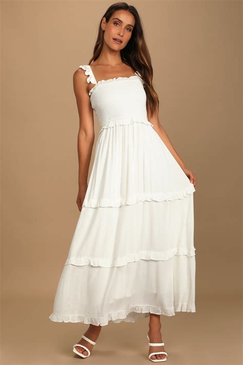 Ruffled White Maxi Dress Tiered Maxi Dress Smocked Dress Lulus