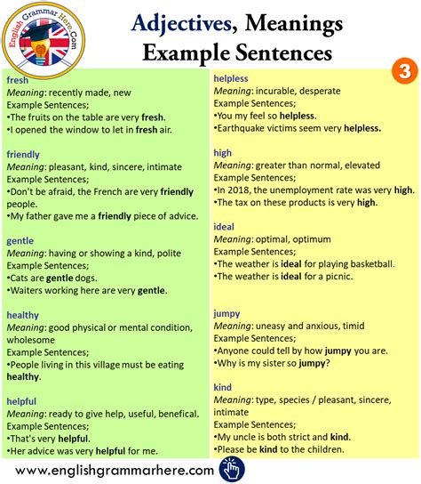 Adjectives Meanings And Example Sentences Adjectives Common