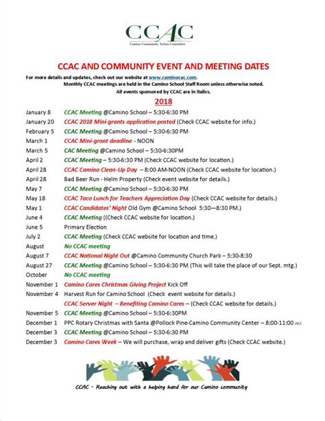 Updated 2018 Ccac Calendar Large Ccac Working Together For Camino