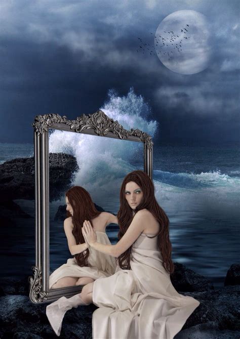 Girl Touching A Mirror With Her Reflection In It And The Ocean In The