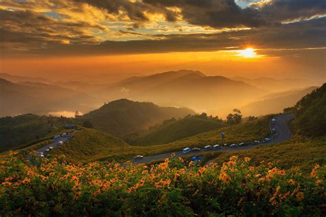 Landscape Nature Mountains Clouds Sunset Sun Road Flowers Thailand