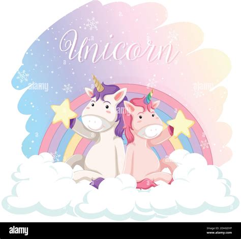 Cute Unicorns Sitting On The Cloud With Pastel Rainbow Isolated On