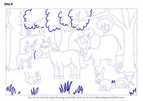 Learn How To Draw A Forest With Animals Forests Step By Step