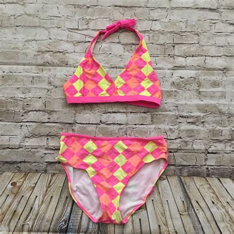 Xhilaration Girls Neon Pink Yellow Argyle Print Halter Bikini 2 Piece