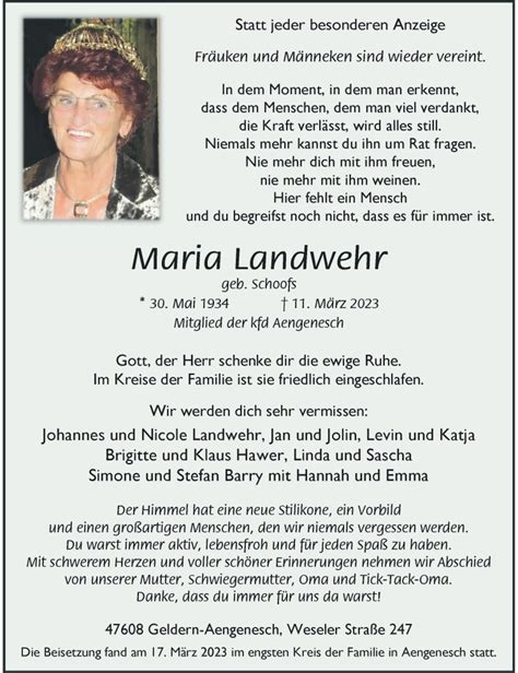 Alle Traueranzeigen Für Maria Landwehr Trauerrp Onlinede