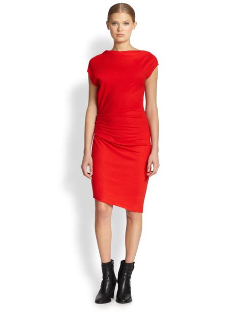 Lyst Helmut Lang Sonar Asymmetrical Draped Wool Dress In Red