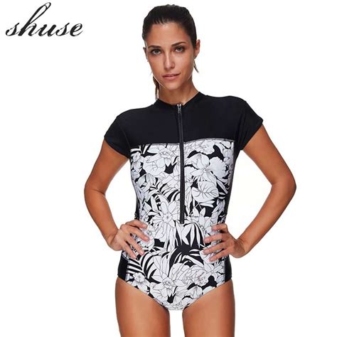 Buy Zip Front Beach Wear Female Sport Swimsuit One Piece Floral Print Swimwear