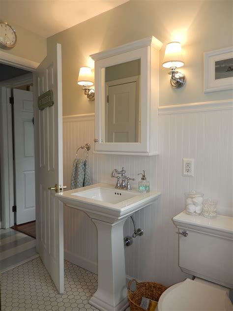 Take all the covers off the electrical boxes around which you will be installing the. Beach Cottage bathroom - wainscoting, pedestal sink, wall ...