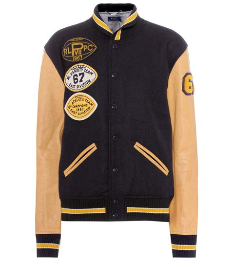 Last chenille patches on both chest with painted POLO RALPH LAUREN Leather And Wool Varsity Jacket, Navy ...