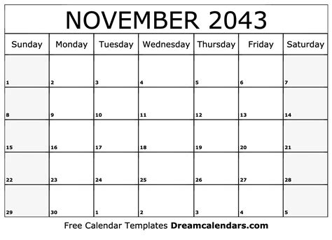 November 2043 Calendar Free Blank Printable With Holidays