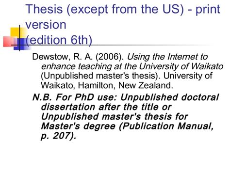 The format for citing someone else's dissertation or thesis in apa style depends on whether the thesis is available from a database. Apa dissertation citation - College Homework Help and ...