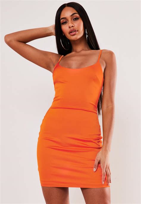 Petite Orange Stretch Satin Bodycon Mini Dress | Missguided