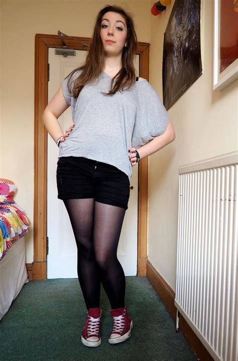 Gig Wear Outfit Loose Grey Top Black Denim Shorts And Tights Red High Top Converse Fashion