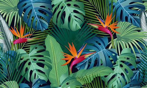 Seamless Pattern Tropical Leaves With Bird Of Paradise On Black Stock